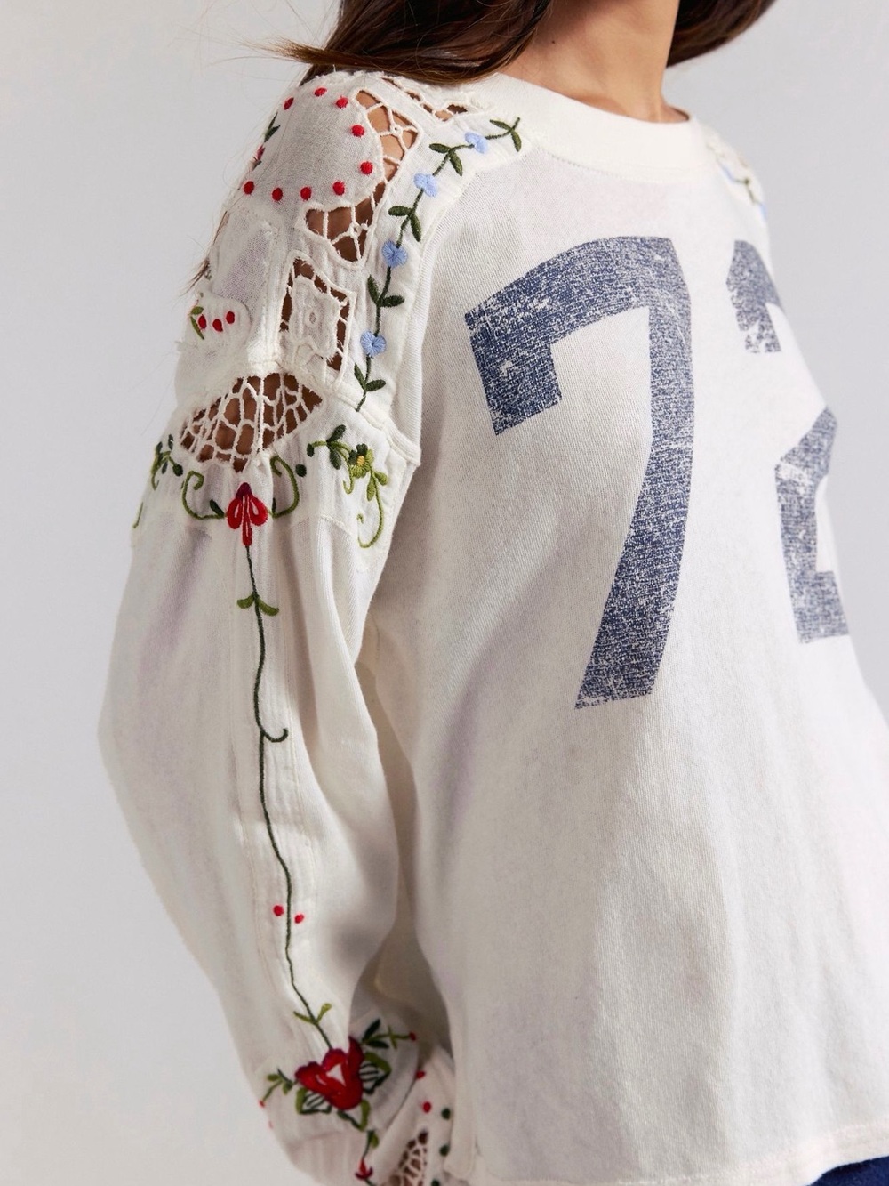 Free People Embroidered Cream Floral Sleeve Pullover Top with '72' Graphic - Picture 2 of 7